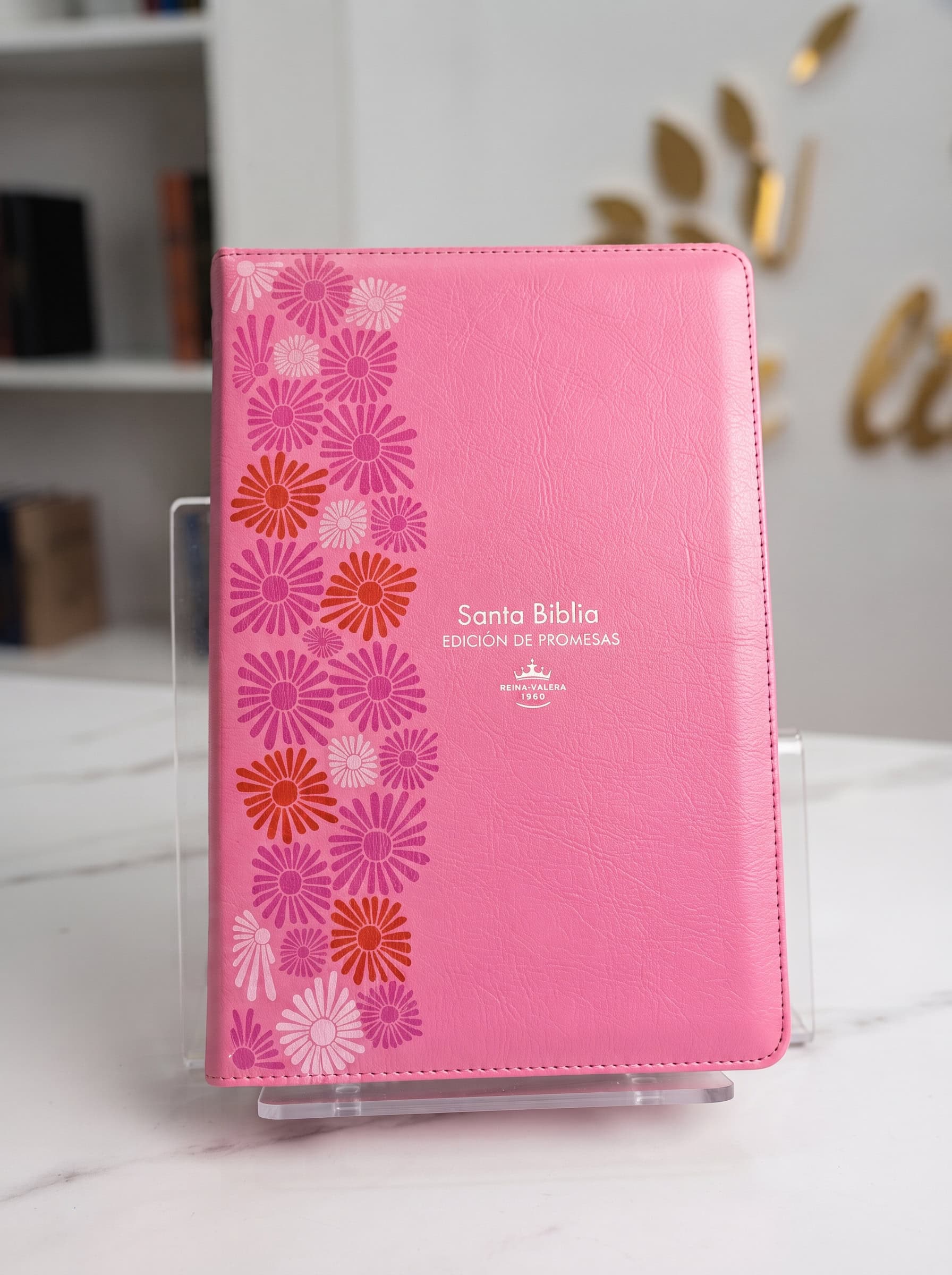 Santa Biblia de Promesas Reina-Valera 1960 Letra Gigante - 13 Ptos. Piel Especial c/Índice y Cierre / Floral / Rosa /