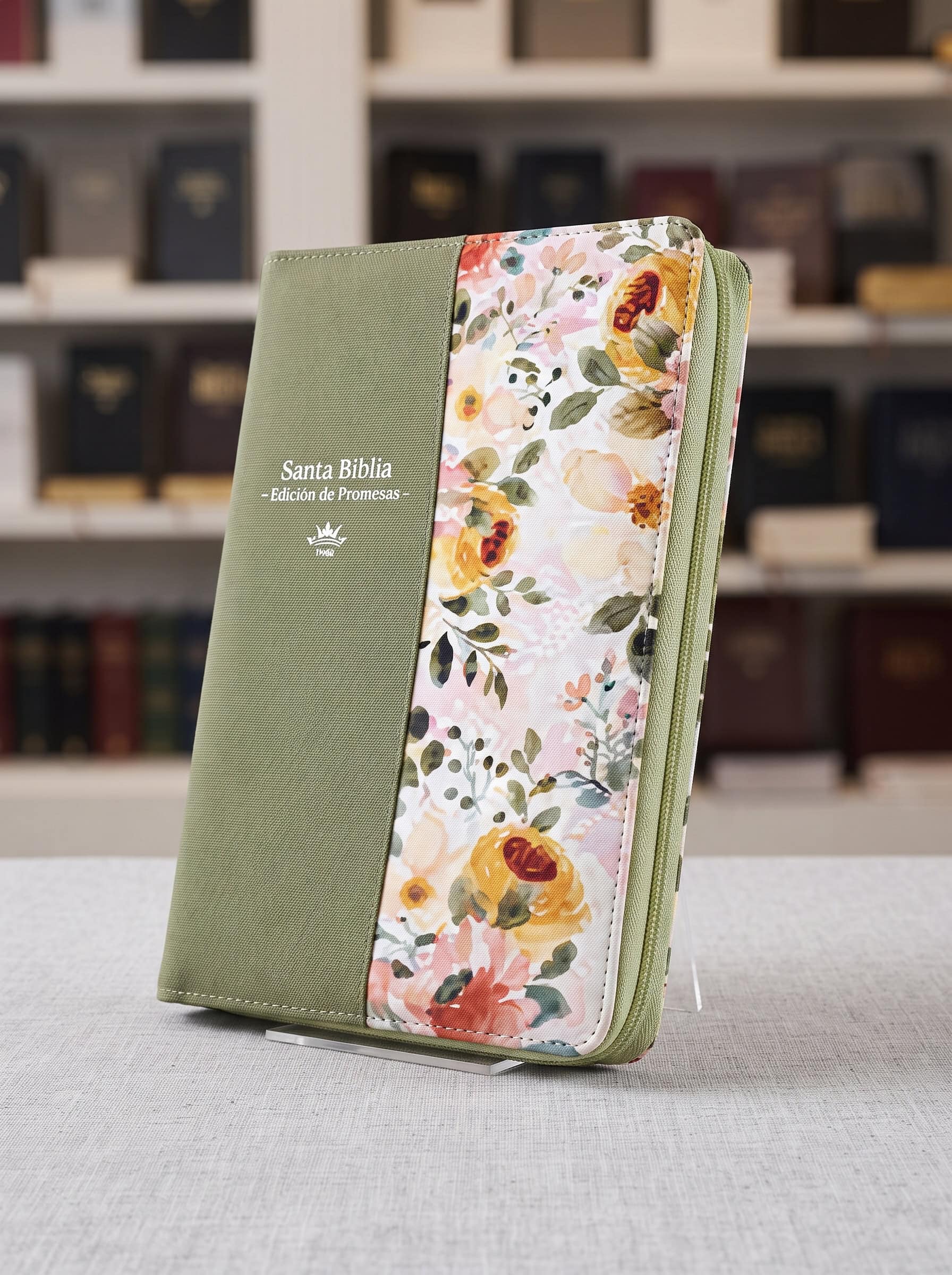 Biblia de Promesas Reina Valera 1960 / Letra Gigante - 13 Ptos / Piel Especial c/Índice y Cierre / Floral / Verde